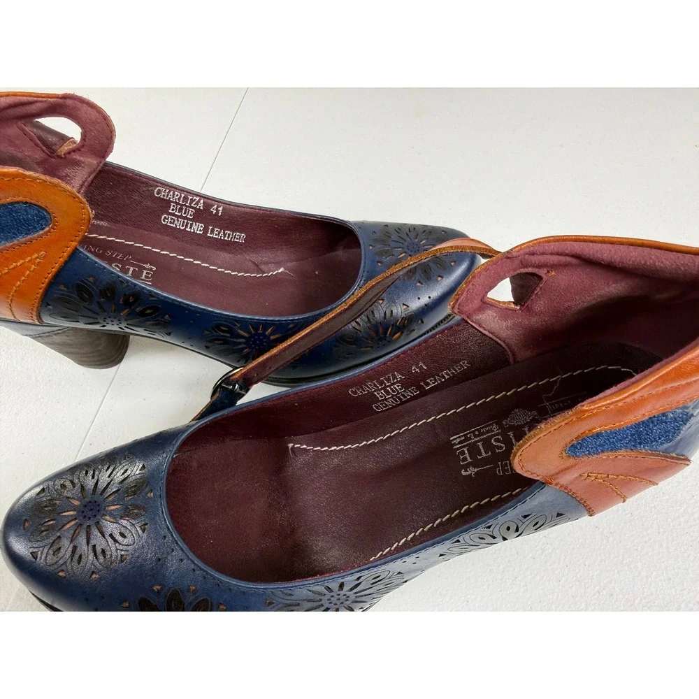 L Artiste Charliza Pumps Womens 41 Blue Leather Floral Whimsygoth Mary Jane Boho